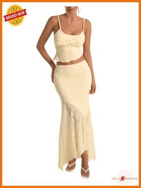 Ruffle Cami Crop Top and Flowy Maxi Skirt Set Sleeveless 2 Piece
